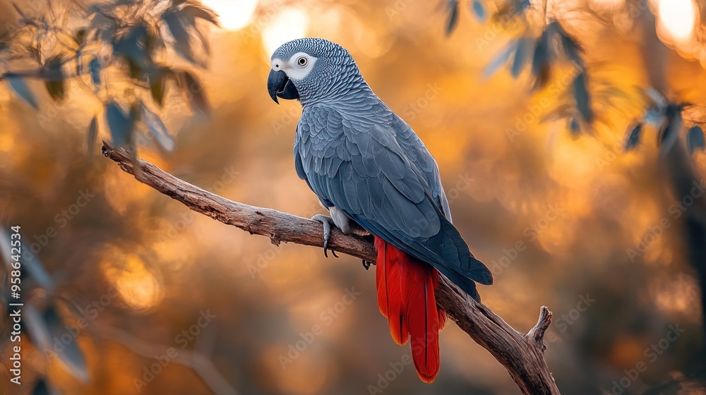 African Grey Parrot perched on a branch in a warm sunset setting African Grey Parrot perched on a branch in a warm sunset setting