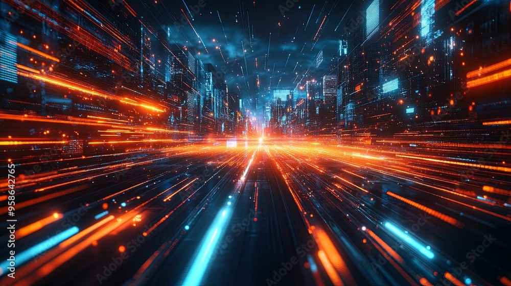 Futuristic Cityscape with Glowing Lines and Data Streams Futuristic Cityscape with Glowing Lines and Data Streams