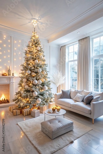 Modern white living room with christmas tree photo