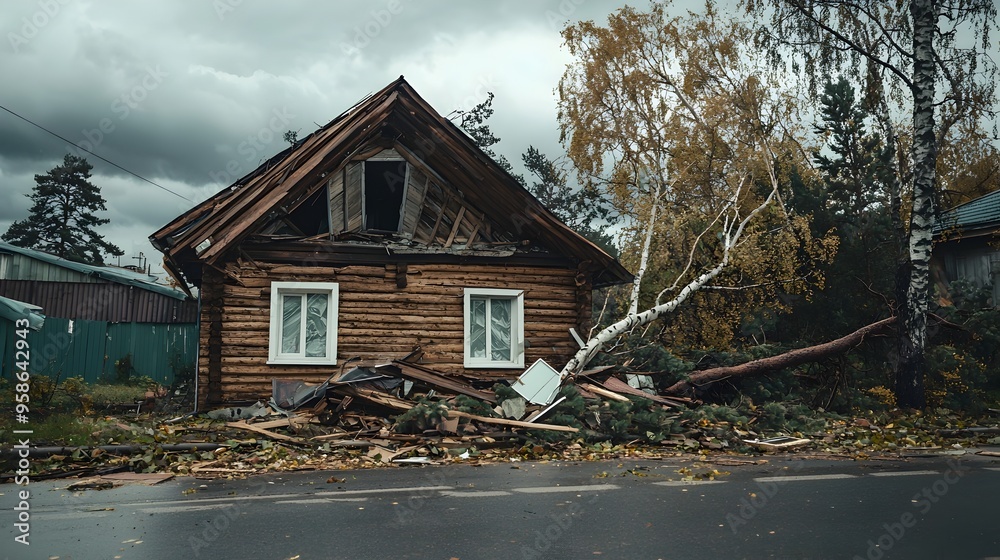 Violent Storm Ripping Through Wooden House,Trees Bending in Fierce Wind Violent Storm Ripping Through Wooden House,Trees Bending in Fierce Wind