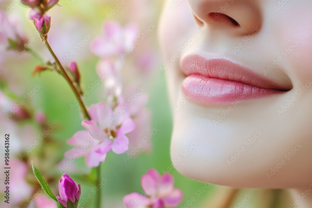 Woman's Lips with Pink Flowers in the Background Woman's Lips with Pink Flowers in the Background