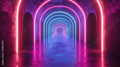 Neon Lights Illuminate a Glowing Arched Corridor