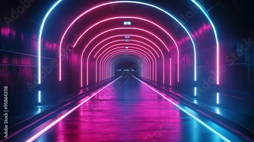 Neon Lights Illuminate a Futuristic Tunnel