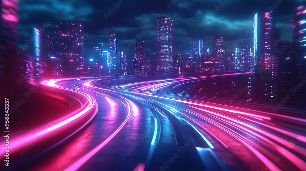Neon Cityscape with Glowing Light Trails on a Winding Road Neon Cityscape with Glowing Light Trails on a Winding Road
