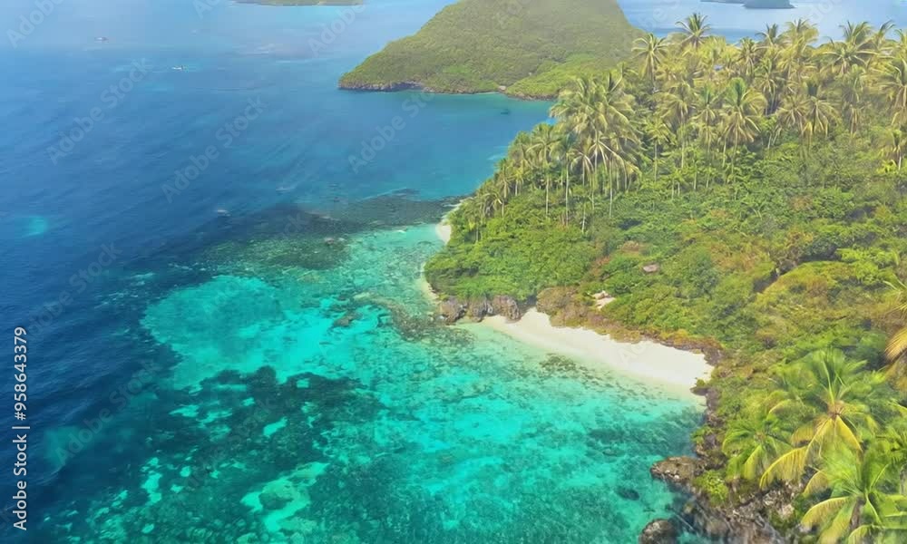 Tropical Island Paradise: Aerial View of Lush Green Islands with Palm Trees and Crystal Clear Waters Tropical Island Paradise: Aerial View of Lush Green Islands with Palm Trees and Crystal Clear Waters