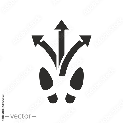 uncertainty decision, view forward icon, crossroad and feet, choose future path life, choice direction, flat vector illustration