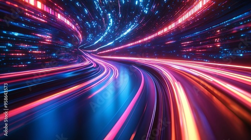 Abstract Tunnel of Neon Lights and Motion Blur