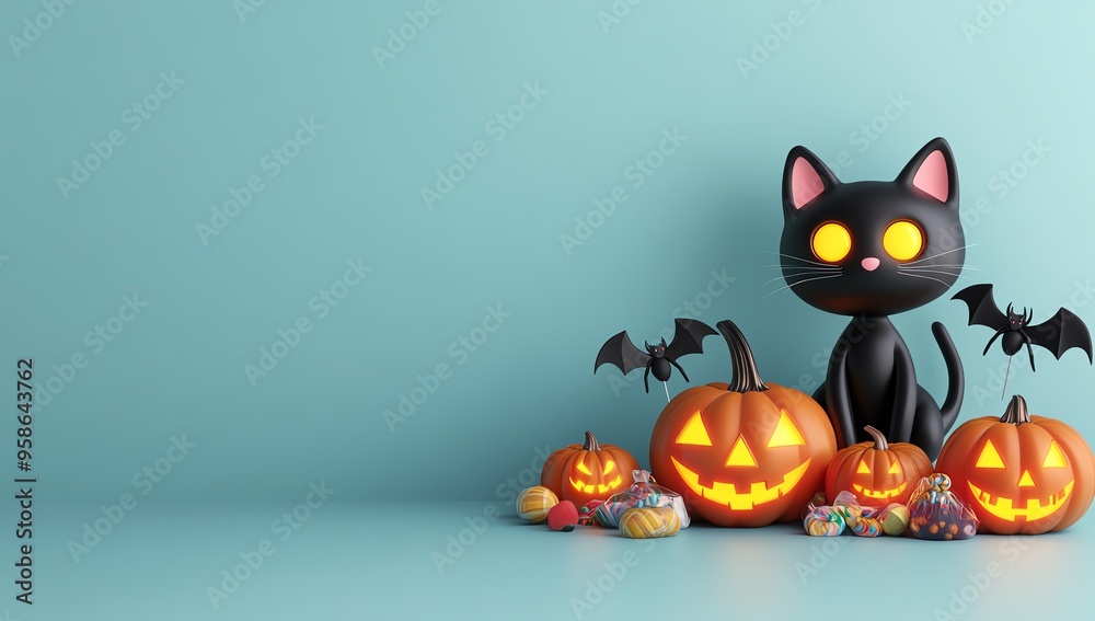 A playful black cat stands beside glowing jack-o'-lanterns and spooky bats against a colorful background, perfect for Halloween. A playful black cat stands beside glowing jack-o'-lanterns and spooky bats against a colorful background, perfect for Halloween.