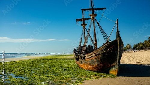 Barco pirata olvidado en la orilla de la playa