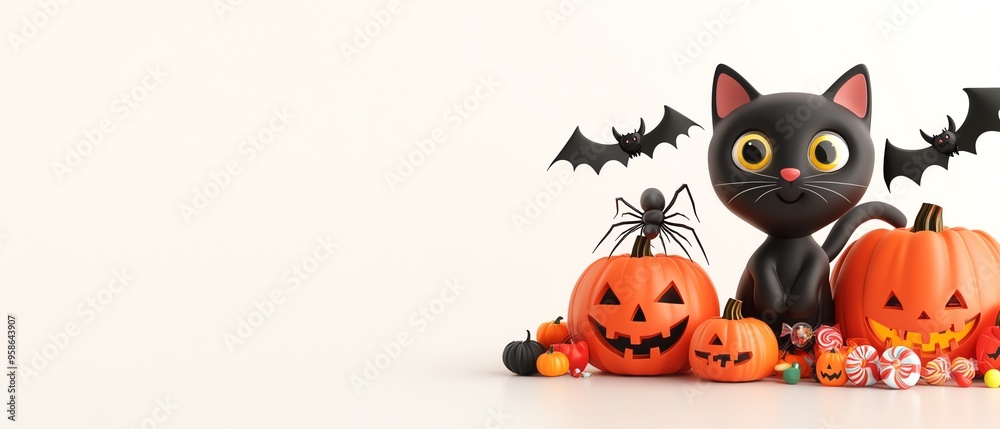 Playful Halloween scene featuring a cute black cat, pumpkins, and bats, perfect for festive decorations and autumn celebrations.