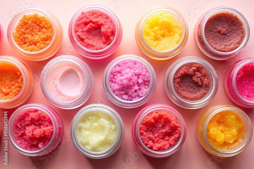 Wallpaper Mural exfoliation, spa, skincare, textures, A close up shot of various homemade lip scrubs spread out on a pink background captures the vibrant colors and textures of the products Torontodigital.ca