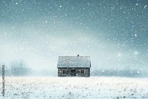 winter landscape with a renovated house in the center, featuring a flat roof covered with shingles, snowflakes gently falling from the sky photo