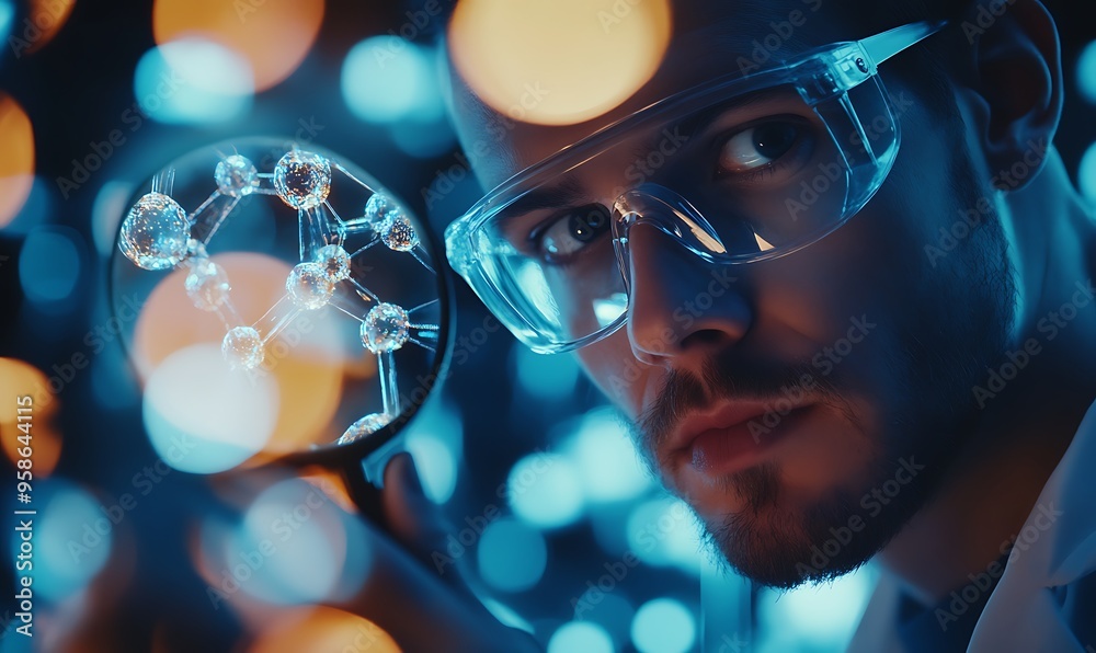 A Man in Safety Glasses Examining a Molecular Model Through a Magnifying Glass A Man in Safety Glasses Examining a Molecular Model Through a Magnifying Glass