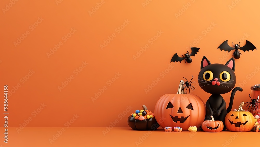 A festive Halloween scene featuring a black cat, pumpkins, and bats against a vibrant orange background. A festive Halloween scene featuring a black cat, pumpkins, and bats against a vibrant orange background.