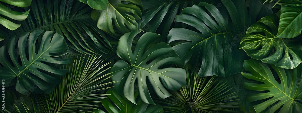 A background of dark green palm leaves with vibrant colors, creating an exotic and lush atmosphere A background of dark green palm leaves with vibrant colors, creating an exotic and lush atmosphere