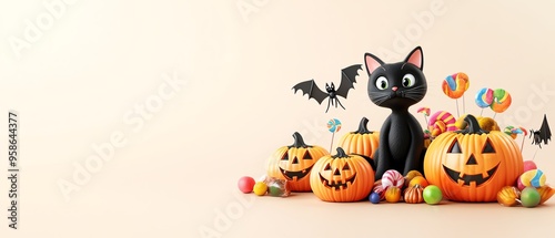 A whimsical Halloween scene featuring a black cat, pumpkins, and colorful candies, perfect for festive decorations.