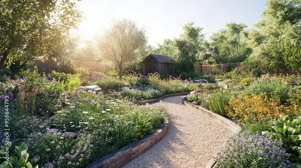 Beautiful Summer Garden Path with Flowers and Stone Beautiful Summer Garden Path with Flowers and Stone