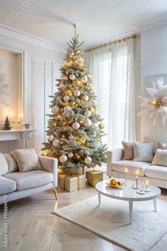 Modern white living room with christmas tree