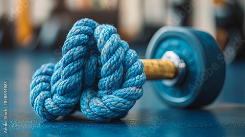 Blue Rope Wrapped Around a Blue Dumbbell photo