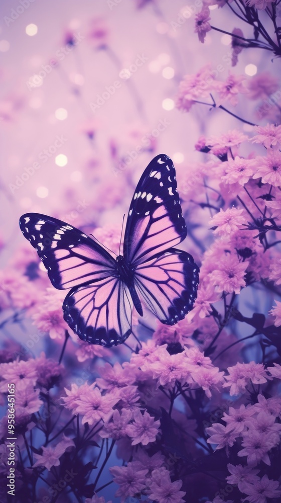 Purple butterfly on pink flowers
