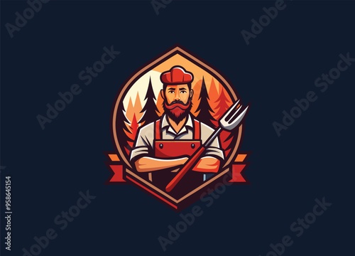 Barbecue logo vector with bbq logotype and fire concept