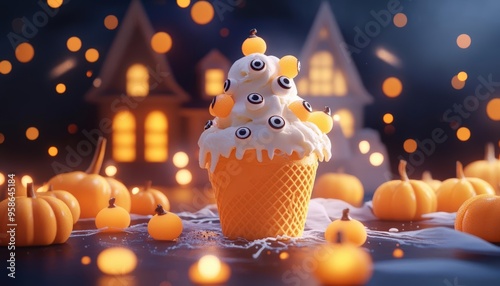 Pumpkin ice cream topped with candy eyeballs, haunted mansion, 3D illustration photo