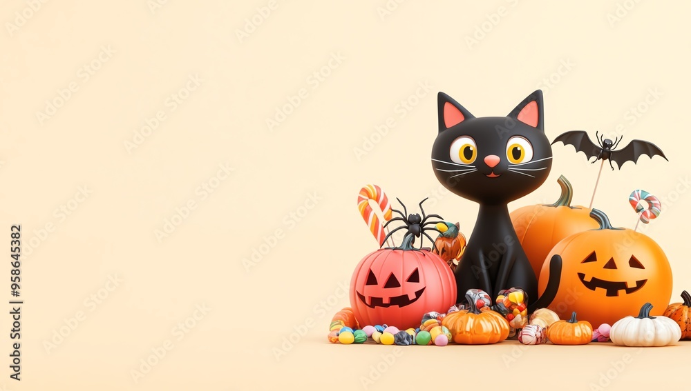 A playful Halloween scene featuring a black cat, pumpkins, candy, and a bat, perfect for festive decoration and seasonal fun. A playful Halloween scene featuring a black cat, pumpkins, candy, and a bat, perfect for festive decoration and seasonal fun.