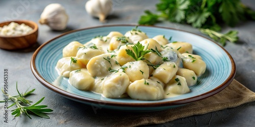 garnished, dinner, Italian cuisine, freshly cooked, comfort food, A close up photo of a plate of freshly cooked cheese gnocchi covered in a rich blue cheese sauce and garnished with garlic