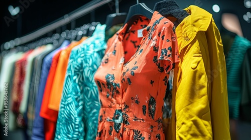 Closeup of Floral Dress and Yellow Jacket on Hangers photo