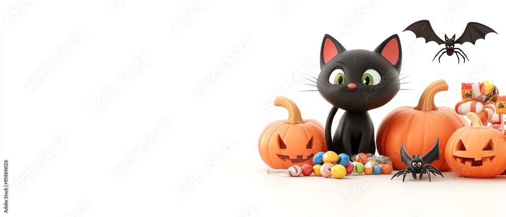 Charming Halloween scene featuring a playful black cat, pumpkins, candies, and spooky decorations, perfect for festive themes. Charming Halloween scene featuring a playful black cat, pumpkins, candies, and spooky decorations, perfect for festive themes.