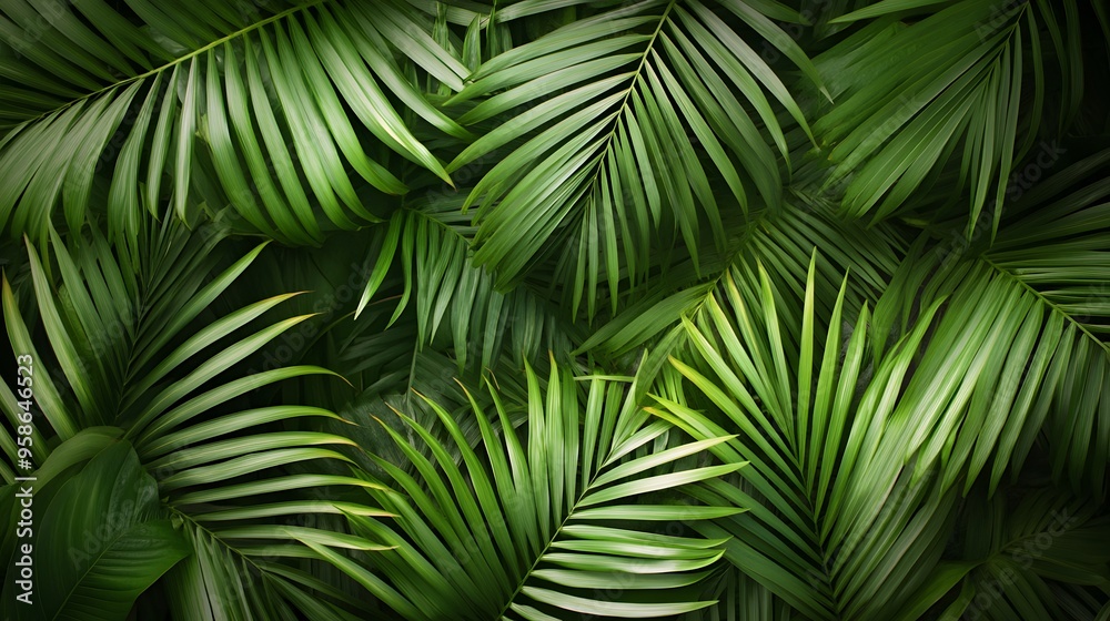 A background of dark green palm leaves with vibrant colors, creating an exotic and lush atmosphere A background of dark green palm leaves with vibrant colors, creating an exotic and lush atmosphere