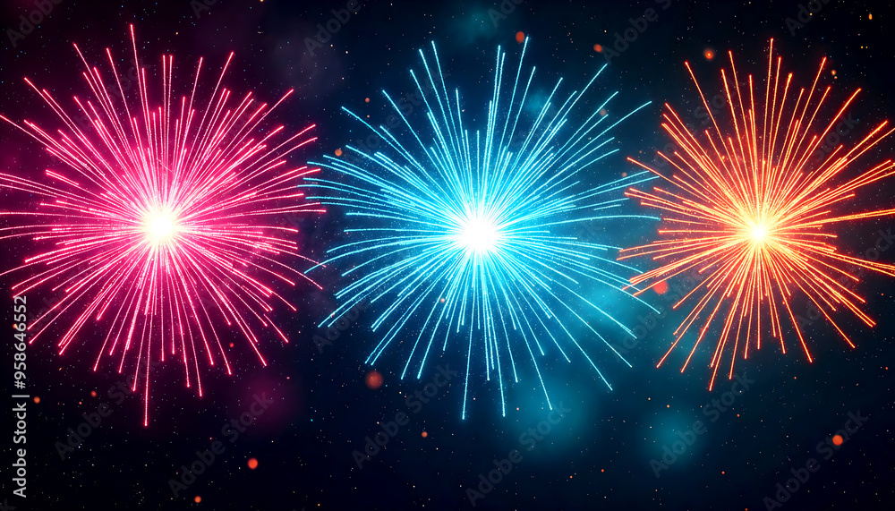 Fototapeta premium fireworks explosion of colorful neon light streaks and sparkles, in pink, electric blue and orange against a dark cosmic background