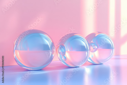 Three glossy, transparent spheres reflect light in a pastel pink and blue background, creating a serene and futuristic abstract scene.