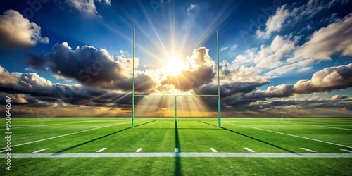 Green grass football field with white yard lines, goalposts, and a sunny sky with puffy white clouds, perfect photo