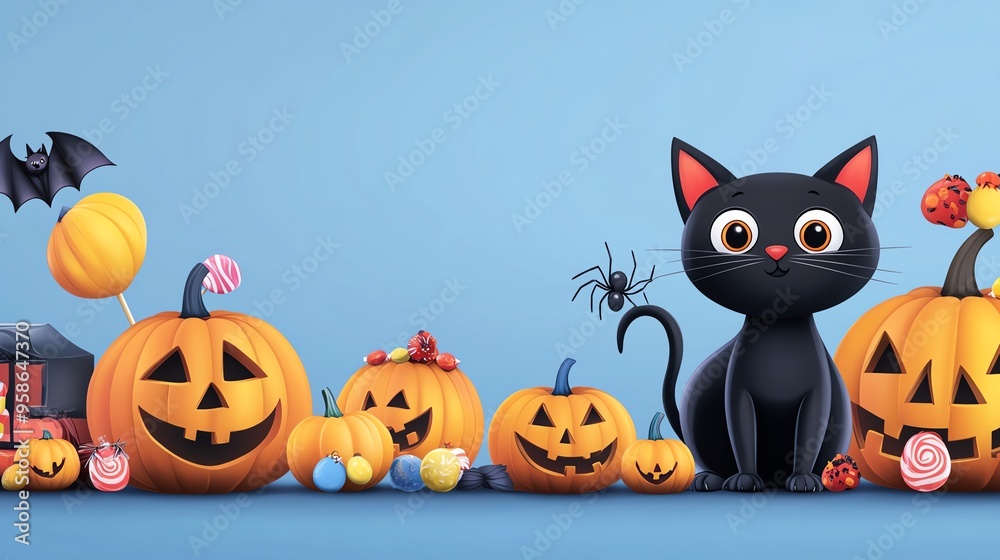 Cheerful Halloween scene featuring a black cat, friendly pumpkins, colorful candies, and spooky decorations on a blue background. Cheerful Halloween scene featuring a black cat, friendly pumpkins, colorful candies, and spooky decorations on a blue background.