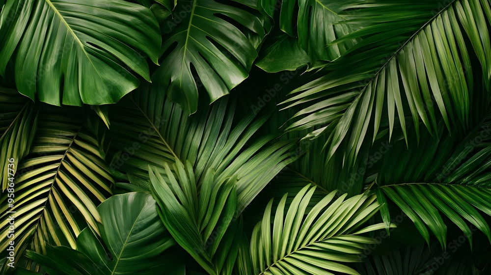 A background of dark green palm leaves with vibrant colors, creating an exotic and lush atmosphere A background of dark green palm leaves with vibrant colors, creating an exotic and lush atmosphere