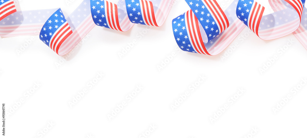 Fototapeta premium Ribbon in colors of American flag isolated on white, top view