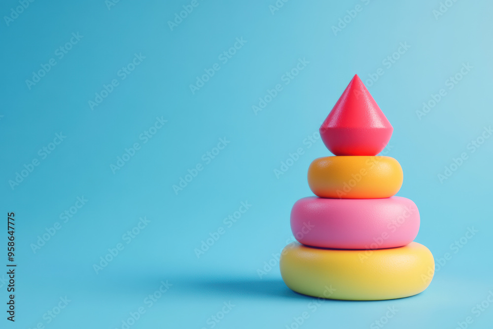 Colorful stacking toy with rings and a cone on top against a bright blue background, representing child development and playful learning. Colorful stacking toy with rings and a cone on top against a bright blue background, representing child development and playful learning.