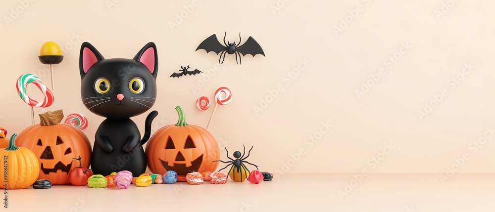 A charming black cat surrounded by Halloween decorations, pumpkins, and candy, perfect for festive autumn themes. A charming black cat surrounded by Halloween decorations, pumpkins, and candy, perfect for festive autumn themes.