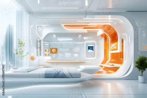 Futuristic Bedroom Interior Design with Orange Accents.