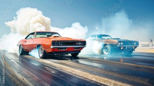 Two vintage muscle cars compete on the drag strip, leaving clouds of tire smoke against a clear blue sky.