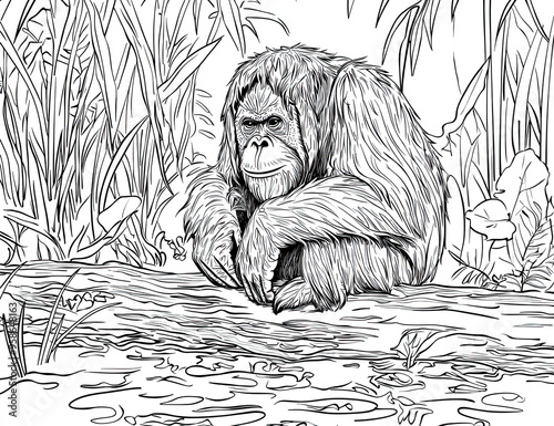 Beautiful Orangutan Coloring Page, Ape Colouring Design for Your Corporate Books and Business Graphic Resource or Creative Project, Ai Generative photo