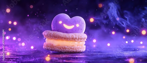 A whimsical purple heart-shaped cookie with a smiling face, surrounded by magical glowing particles on a dreamy background. photo