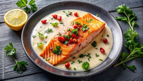 fillet, salmon, garnish, lemon cream sauce, red pepper, parsley, A top down view of a cooked salmon fillet garnished with parsley and red pepper served with a tangy lemon cream sauce