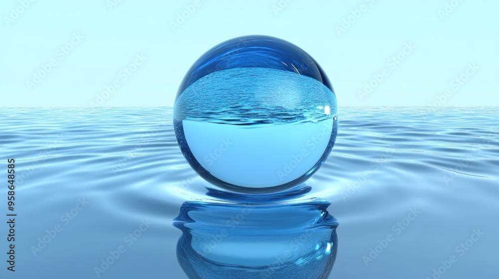 A Water Sphere Resting on a Blue Surface A Water Sphere Resting on a Blue Surface