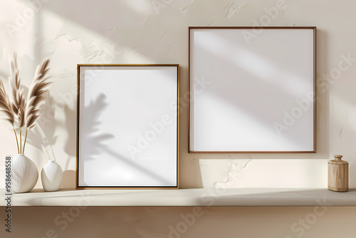Minimalist decor featuring two empty frames and elegant vases, set against a softly lit background, creating a serene atmosphere.