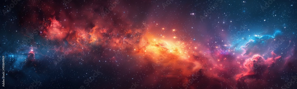 Fototapeta premium Brightly colored stars in a dark sky with a bright blue center, banner, copy space