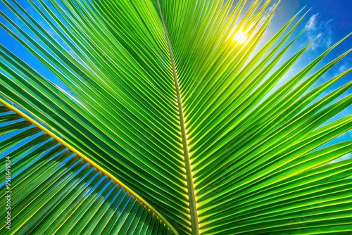 A close up view of a tropical coconut leaf with its vibrant green color against a bright blue sky captured from a worm s eye perspective, serene, coconut leaf, peaceful, close-up, green