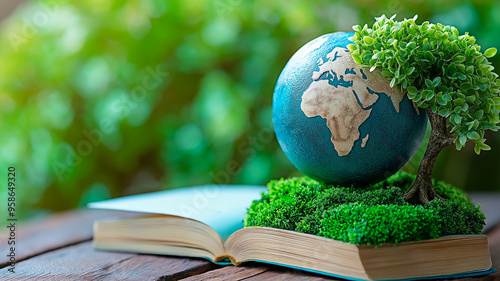 Concept of eco-friendly and conservation education with globe and tree on open book. Nature and knowledge fusion. 