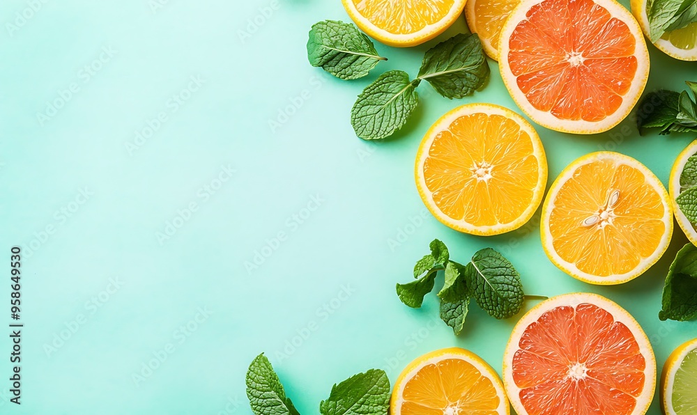 Sliced Citrus Fruits and Mint Leaves on a Turquoise Background Sliced Citrus Fruits and Mint Leaves on a Turquoise Background